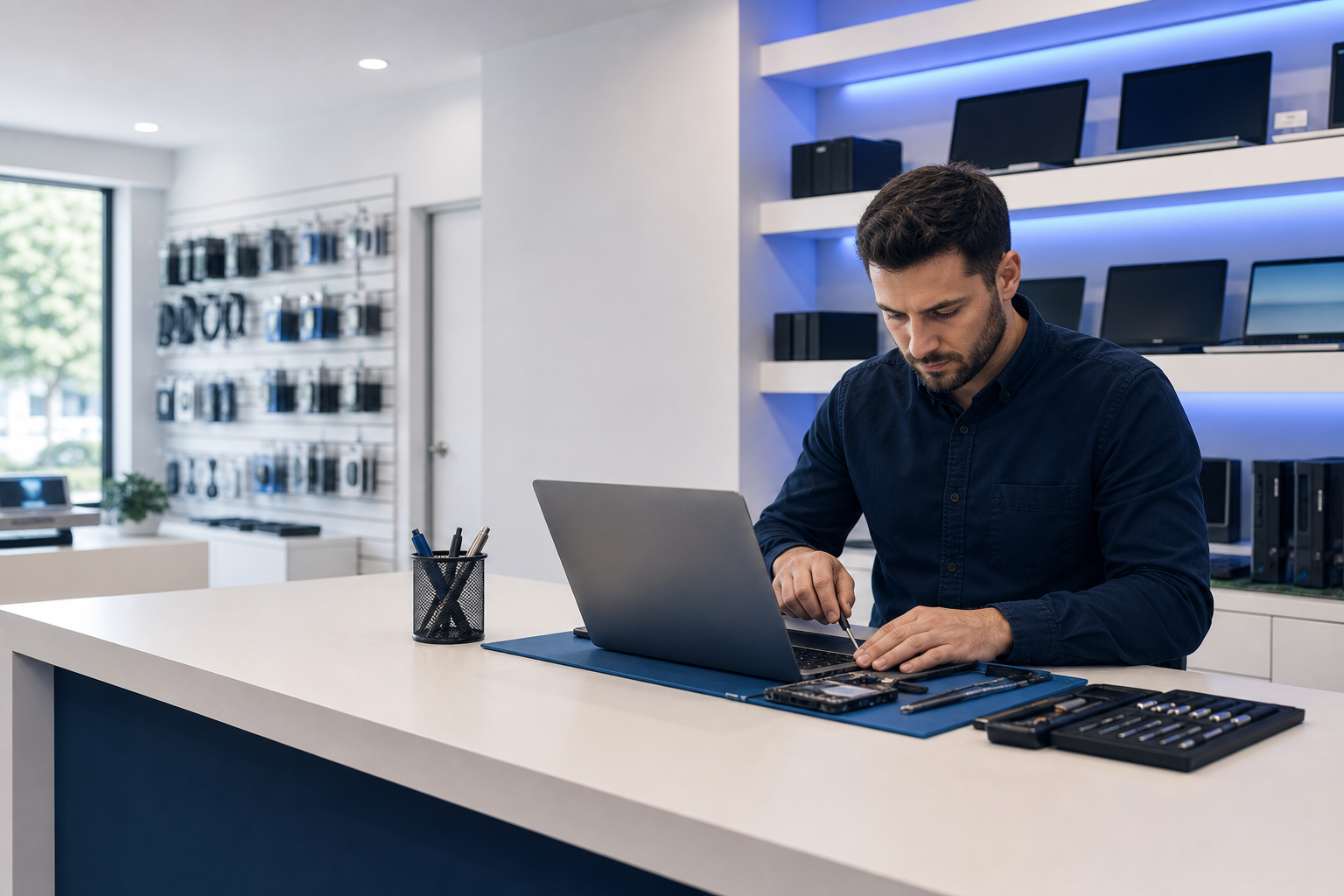 Technician working at a modern computer repair counter